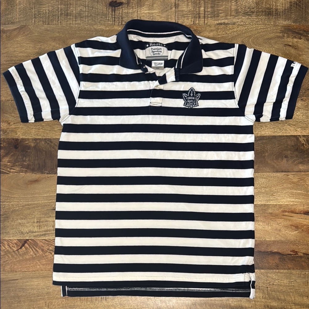 Roots Toronto Maple Leafs Navy and White Polo Shirt Classic Striped Design